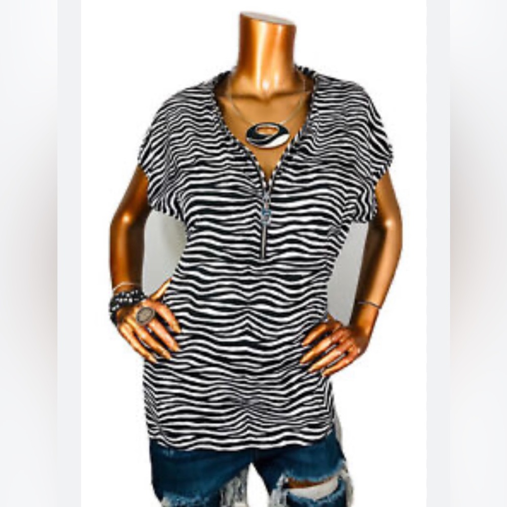 Michael Kors XL Top Animal Zebra Print MK Logo 1/2 Zip Up Front Low V Cut Blouse